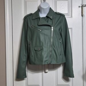 Nine West Fashion Faux Leather Moto Jacket Green Excellent Condition Size Small